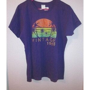 Vintage 1959 Graphic T-Shirt Size XL Sunset Palm Trees Short Sleeve Retro Purple